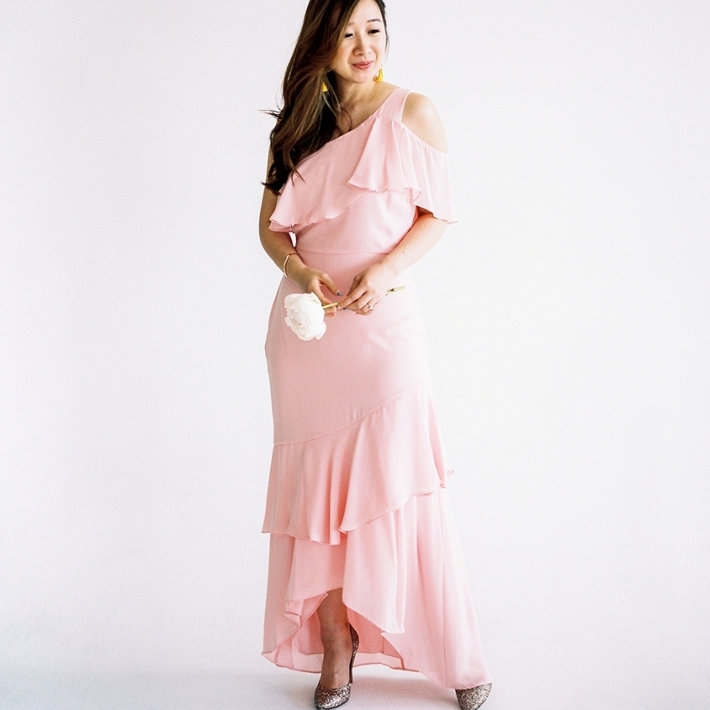 Parker Black Pink Tiered Ruffle Hi Lo Hem One Shoulder Gown Formal Dress Size 6